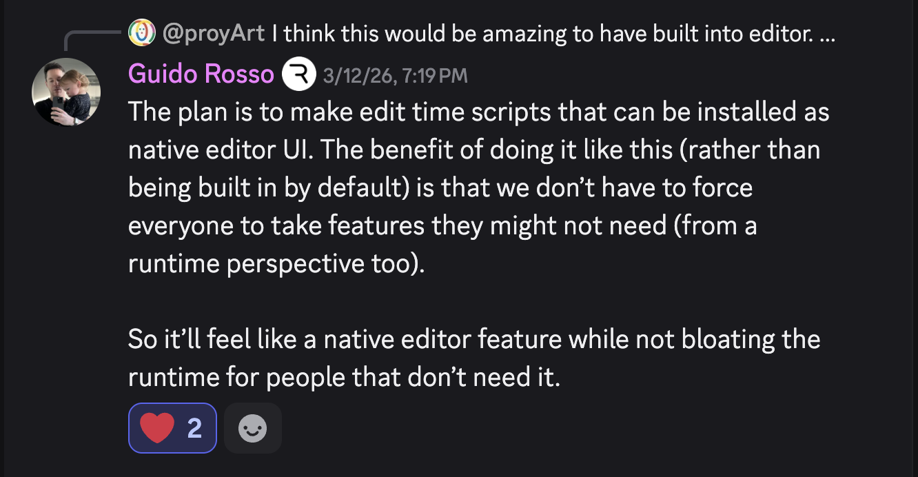 Guido Rosso Discord message about edit time scripts in Rive.