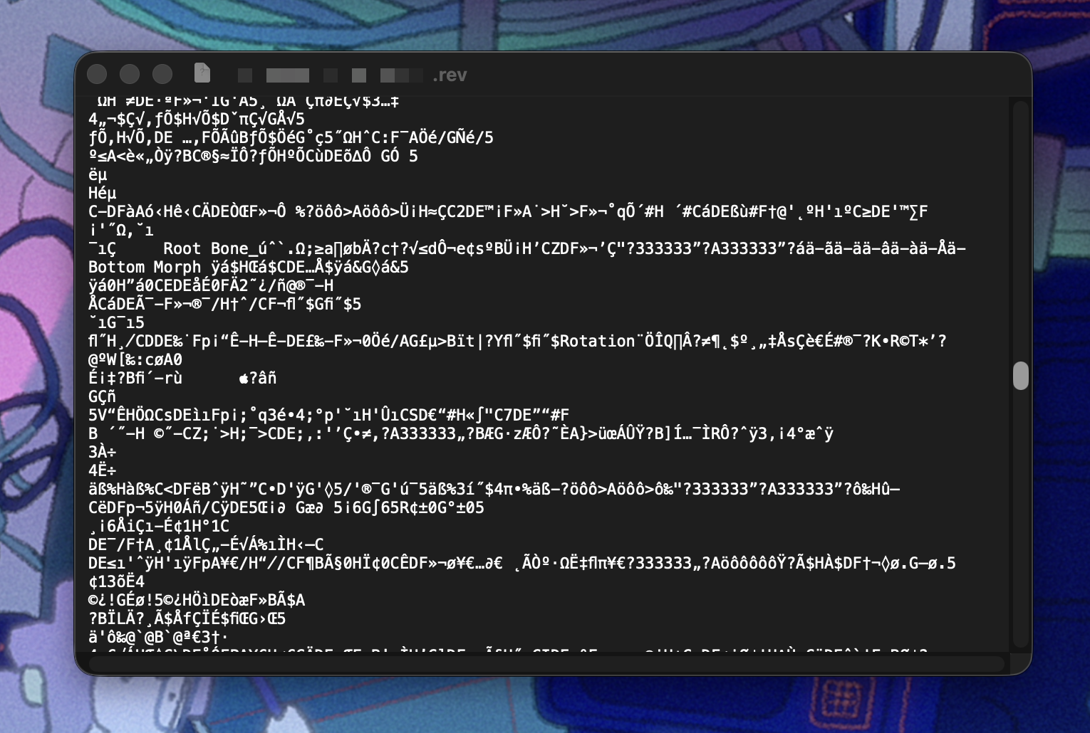 A .rev file opened in a text editor, showing binary-looking text.
