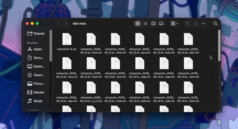A Finder window showing many .rev files produced while experimenting.